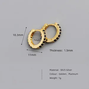 S925 sterling silver hoop earrings with black zircon stones and 7mm inner diameter