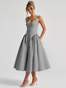 French style black and white plaid sundress with square neck and flattering A-line silhouette