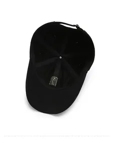 Internal view of camouflage baseball cap showing neat stitching and adjustable strap