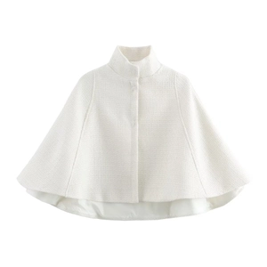 Women Stand Collar Tweed Cape Jacket Elegant Sleeveless White Woven Cloak Outerwear
