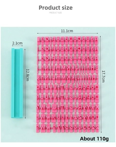 Detailed size specifications for alphabet cookie stamp set with blue mounting handle