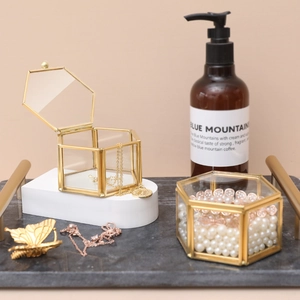 Hexagonal Glass Jewelry Box Brass Gold Metal Frame Nordic Vintage Jewelry Organizer Display Case For Home Decor
