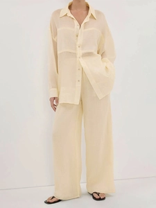 Women's 2-piece light yellow linen blend shirt and wide-leg pants vacation set