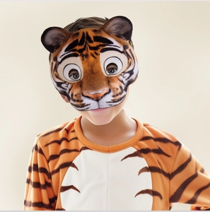 Detailed view of children's tiger cosplay mask and soft plush orange tiger costume set