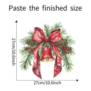 Vista dettagliata dell'adesivo di Natale con misure di pigne e fiocco rosso decorativo