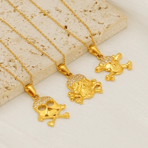 Iced out 18k gold plated skull and crossbones pendant necklace with white zircons for men