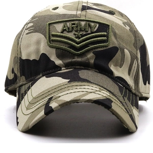 Detailed view of ARMY embroidery and military star patch on camouflage baseball cap