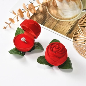 Velvet red rose jewelry box for rings and earrings shown in open and closed states