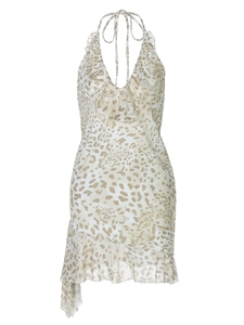 Robe dos nu sexy imprimé léopard avec col en V profond et ourlet à volants élégant