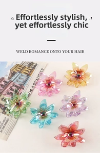 Detail of colorful flower hair claws with AB coating finish in six assorted vibrant colors