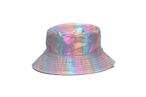 Close-up of holographic bucket hat showing colorful reflective fabric and stitching