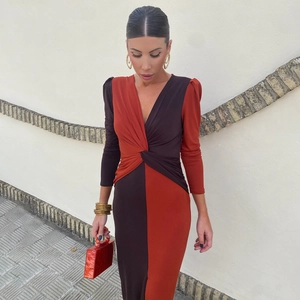 Damen Farbblock Maxi Kleid Langarm V Ausschnitt Twist Knoten Hohe Taille Patchwork Elegant Sexy Langes Kleid