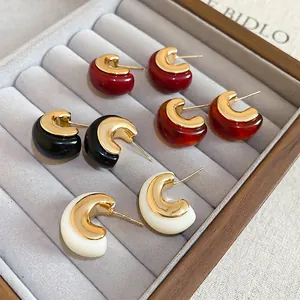 Resin C Shape Hoop Stud Earrings With 925 Sterling Silver Earring Post Vintage Geometric Gold Plated Jewelry For Women