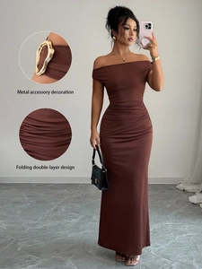 Elegant brown off-shoulder evening dress with metal buckle and pleated details