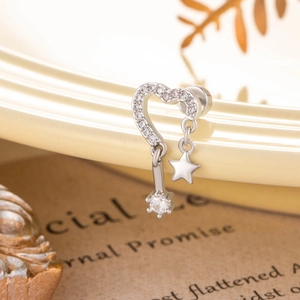 Silver hollow heart stud earring with star and round cubic zirconia pendants