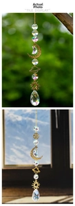 Detail of galaxy suncatcher with gold moon, stars and prismatic rainbow crystal drops