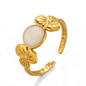 Golden flower open ring with white resin rose inlay and vintage engraved petals