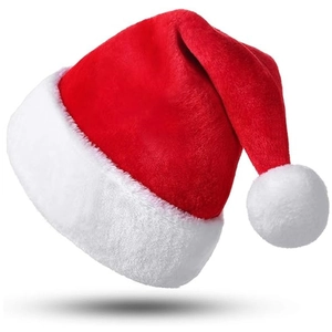 Classic red plush Christmas hat with white trim and pom-pom for adults and children
