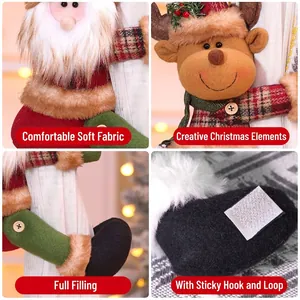Christmas plaid curtain buckles featuring Santa and reindeer plush dolls for home decor