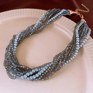 Multilayer blue pearl and crystal choker necklace with golden clasp for women