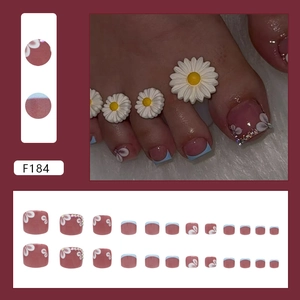Unghie finte per piedi rosa e blu con piccoli fiori bianchi e stile French set 24pz