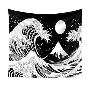 Bohemian black and white ocean wave tapestry featuring Great Wave off Kanagawa and Mt Fuji