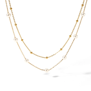 Double-layered 18K gold-plated stainless steel pearl necklace on a white background