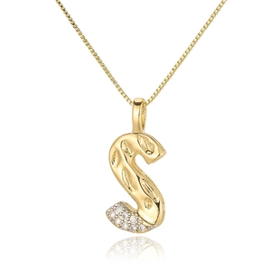 Detail shot of a golden letter S pendant with sparkling zircon stones and box chain