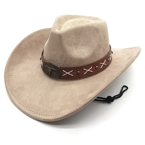 Khaki suede western cowboy hat with wide brim, bull buckle belt, and windproof strap
