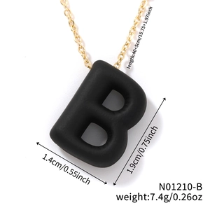 Detailed size specifications for matte black letter B pendant and golden chain necklace