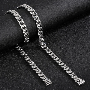 Polished silver stainless steel 10mm Cuban link necklace and bracelet set for men