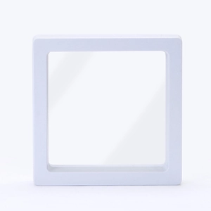 Front view of white PE film floating jewelry box with transparent suspension display