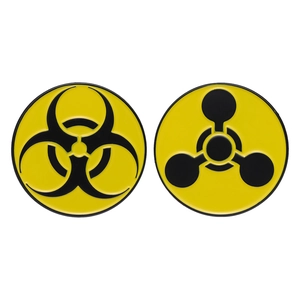 Set of two yellow and black metal pins featuring biohazard and radiation warning symbols