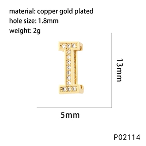 Detailed view of gold plated letter I pendant with white zircon inlays and dimensions