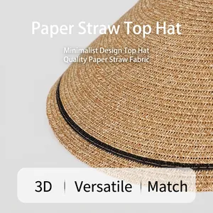 Women's woven straw top sun hat with wide brim and black trim detail in beige