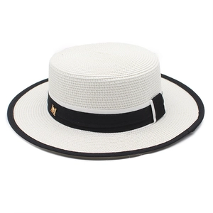 French style flat top straw sun hat with black ribbon and gold M metal buckle