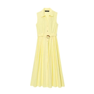 Detailed view of yellow sleeveless poplin midi dress with shirt collar and belted waist