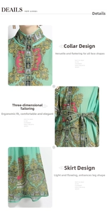 Détails d'une robe cachemire vert menthe avec col montant et ceinture à la taille