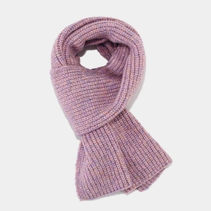 Detail of purple and pink ribbed knit scarf showing thick mixed wool texture for winter