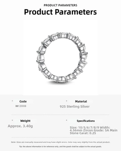 Detailed specs of S925 sterling silver eternity ring with 5A cubic zirconia stones