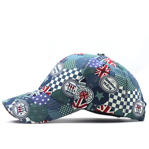 British flag pattern baseball cap with retro London graffiti badges and colorful print
