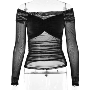 Close-up of black mesh off-shoulder long sleeve top featuring detailed ruching design