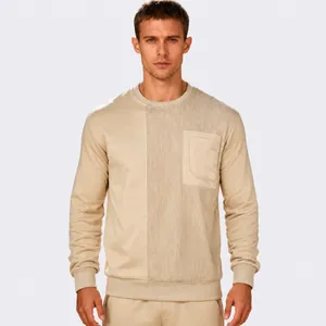Men Sweatshirt Corduroy Polyester Spandex Patchwork Long Sleeve Round Neck Chest Pocket Casual Urban Streetwear Top