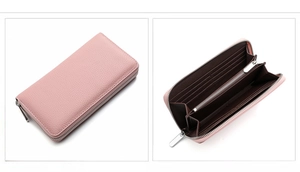 Pink lychee grain leather wallet with internal compartments and zip-around closure