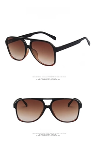 Detailed views of pilot sunglasses featuring black and leopard print frames with brown lenses