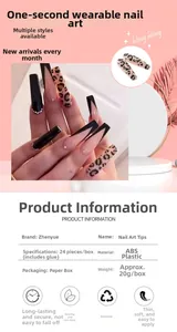 Detail showing press-on nails specifications and leopard print French V-shaped design