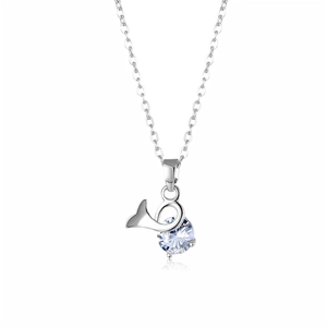 Titanium steel whale tail necklace with a sparkling round zircon on a fine chain