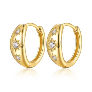925 Sterling Silver Huggie Hoop Earrings With Eight-Pointed Star Sun Pattern And Cubic Zirconia Chic For Women