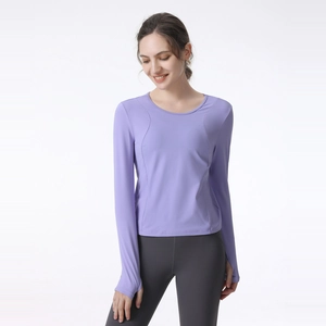 Women's lavender quick-dry long sleeve yoga top with thumbholes and side slits for sports