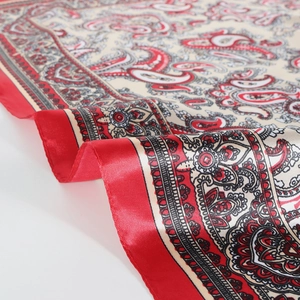 Beige paisley satin scarf with red border and retro professional silk pattern
